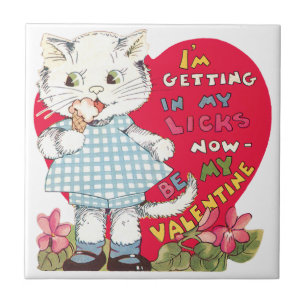 Vintage Retro Valentines Day Cat Eating Ice Cream Kakelplatta