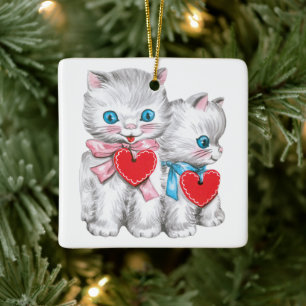 Vintage Retro Valentines Day Cats, Cute Kitten Julgransprydnad Keramik