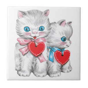 Vintage Retro Valentines Day Cats, Cute Kitten Kakelplatta
