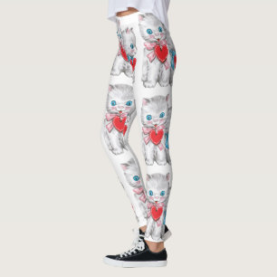 Vintage Retro Valentines Day Cats, Cute Kitten Leggings