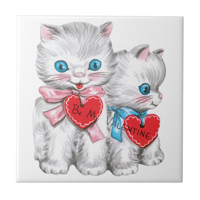 Vintage Retro Valentines Day Cats, Fluffy Kittens Kakelplatta (Framsidan)