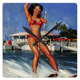 Vintage Retro Vatten Ski pinup flicka Fyrkantig Klocka