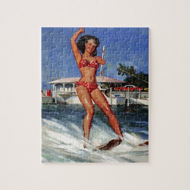 Vintage Retro Vatten Ski pinup flicka Pussel (Vertikal)