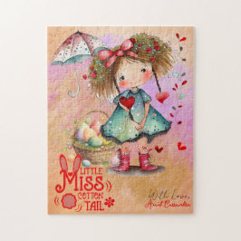 Vintage Retro Watercolor Little Girl Påsk Basket Pussel