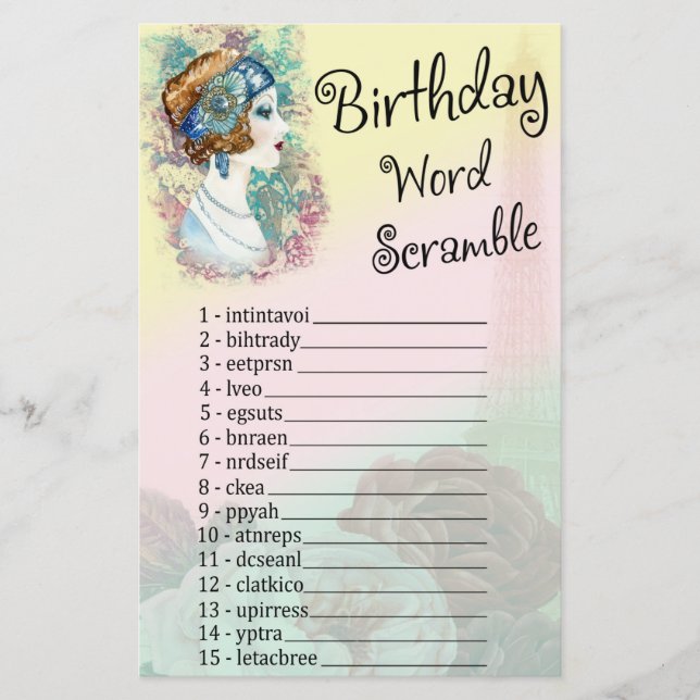 Vintage Retro Woman Birthday Ord Scramble Game (Framsida)