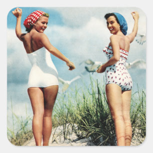 Vintage Retro Women 60s Surfing Beach Girls Fyrkantigt Klistermärke
