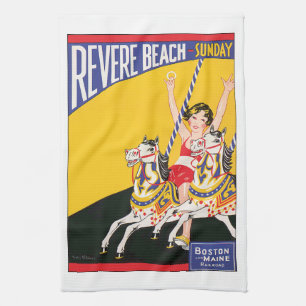 Vintage Revere Beach Carousel Poster nostalgic Kökshandduk