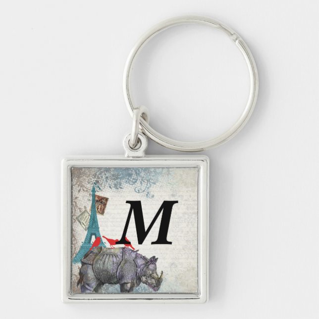 Vintage rhino fyrkantig silverfärgad nyckelring (Framsidan)