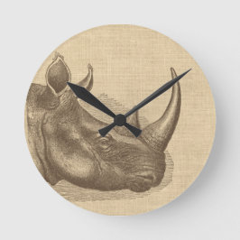 Vintage Rhino Illustration på Burlap Rund Klocka