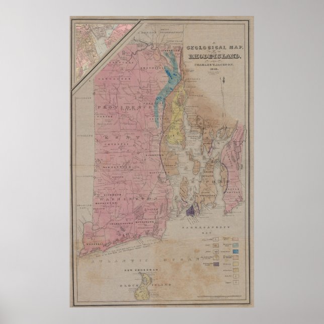 Vintage Rhode island Geologisk Karta (1840) Poster (Framsidan)