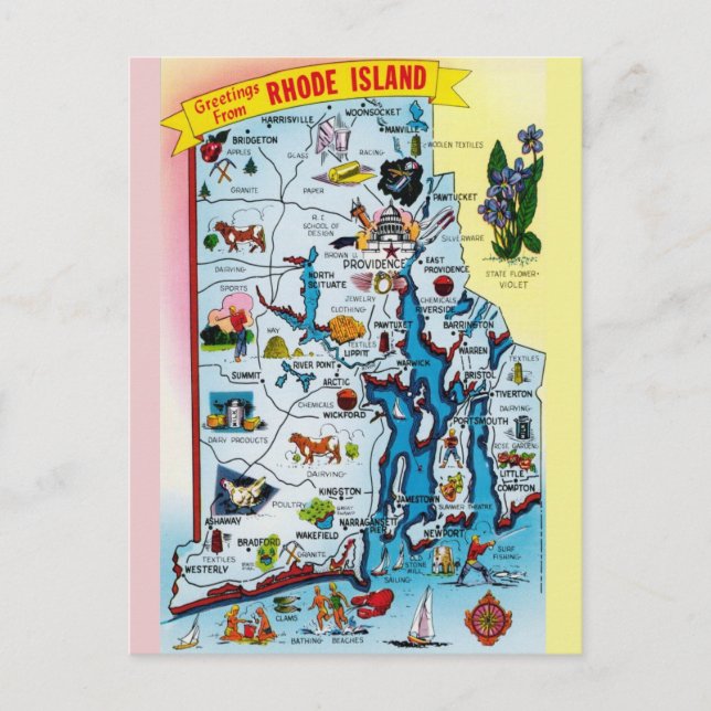 Vintage Rhode Island-karta vykort (Framsida)