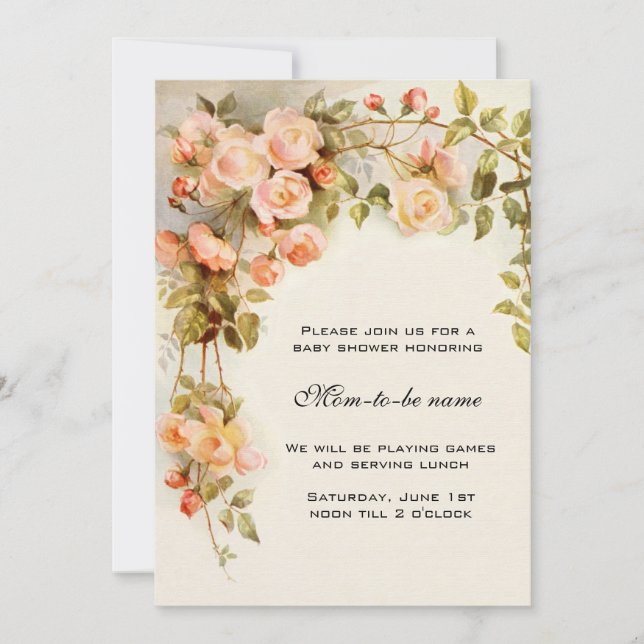 Vintage Ro, antikvällare, Blommigt babyskal Inbjudningar (Framsida)