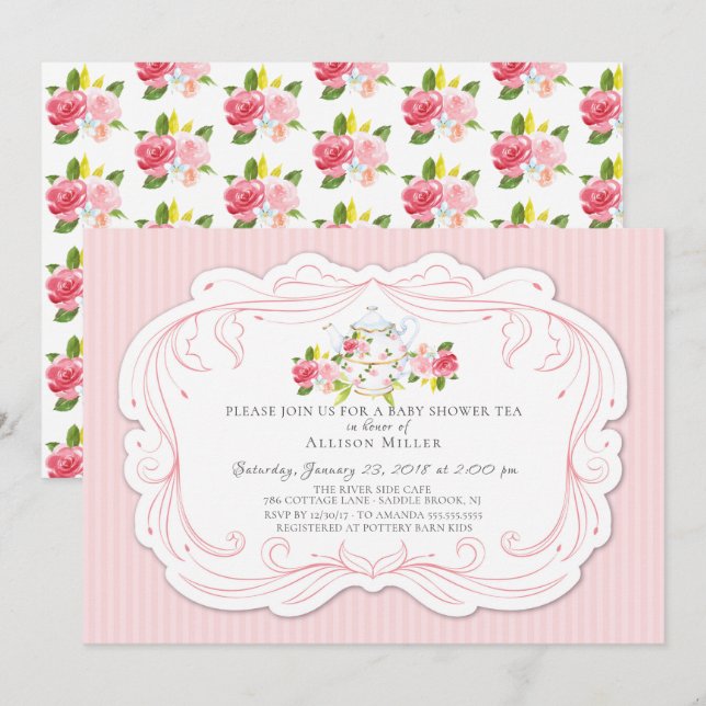 Vintage Ro Baby Shower Tea Party-inbjudan Inbjudningar (Fram/baksida)