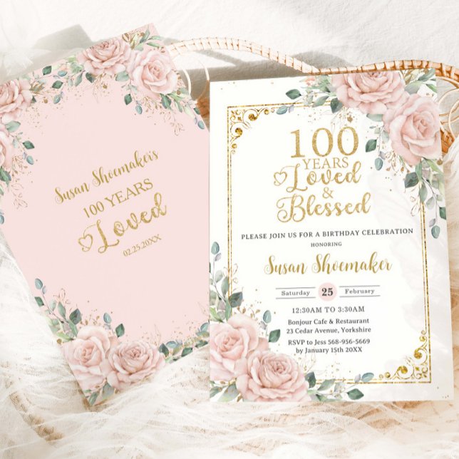Vintage  Ro Blommigt 100 födelsedagslängd Inbjudningar (Skapare uppladdad)