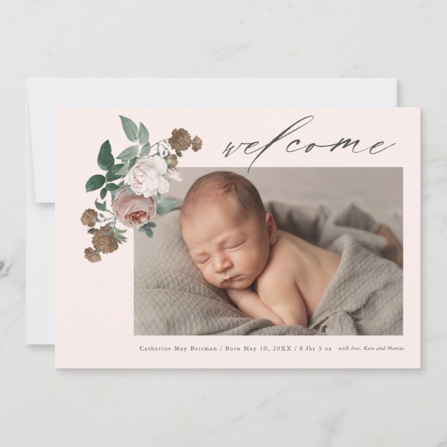 Vintage ro blommigt baby fotofödelsemeddelande inbjudningar (Framsida)