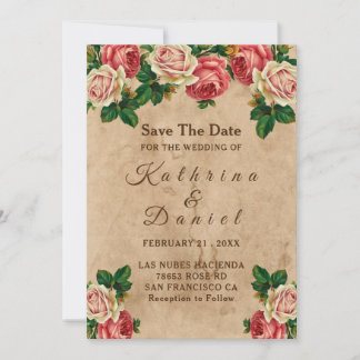 Vintage ro blommigt gammal papper Spara datum Inbjudningar