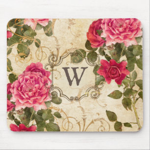 Vintage Ro Blommigt Red Rosa Damask Monogram Namn Musmatta