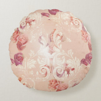 Vintage ro blommor och baroque-prydnadsföremål mön rund kudde