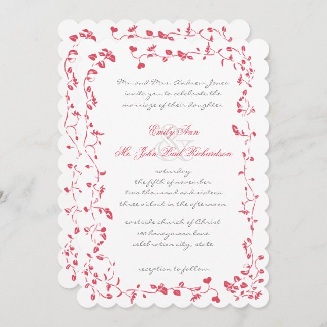 Vintage Ro Deep Honeysuckle bröllopsinbjudan Inbjudningar (Fram/baksida)