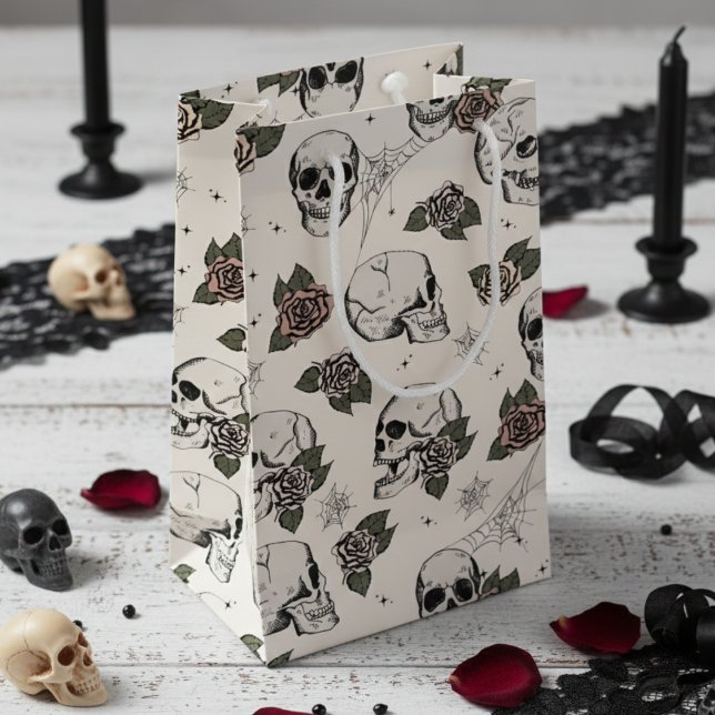 Vintage Ro Elegant Mörk Halloween Skull (Elegant Gothic Floral Skulls Gift Bags for Her. Cool Skull Roses for Halloween & Dia de los Muertos)