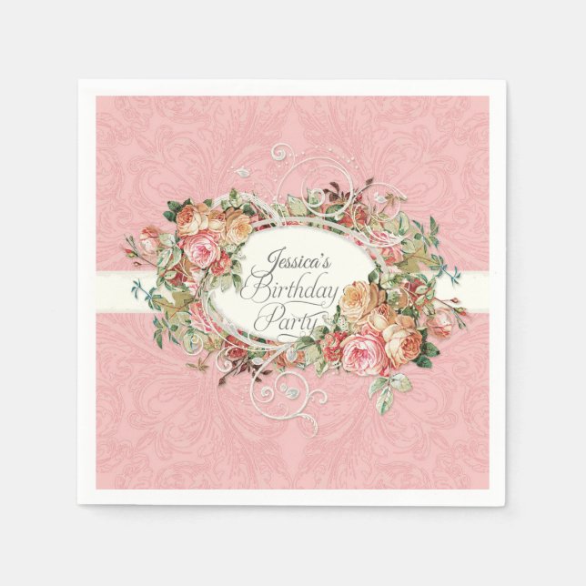 Vintage Ro för  Blommigt med Födelsedagsfest för s Pappersservett (Framsidan)