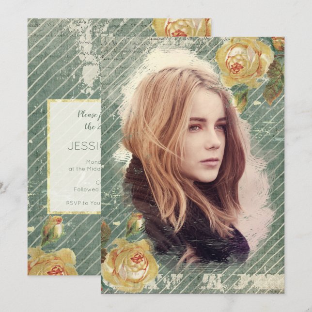 Vintage Ro fotomall Elegant födelsedagsfest Inbjudningar (Fram/baksida)