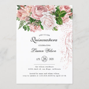 Vintage Ro på vit Quinceanera Inbjudningar