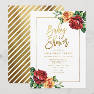 Vintage Ro Red Gult Guld Script Baby Shower Inbjudningar