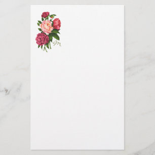 Vintage Ro Rosa Peony Flowers Monogram Brevpapper