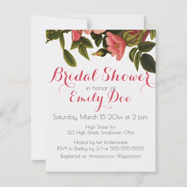 Vintage Ro Vackert Rosa Botaniskt Inbjudningar (Framsida)