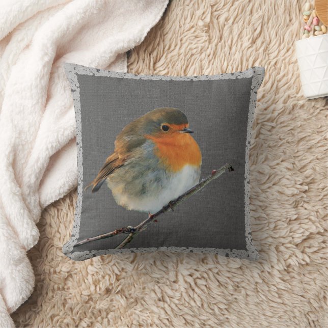 Vintage Robin-fågel, rustig mörk grått-burlap ram Kudde (Filt)