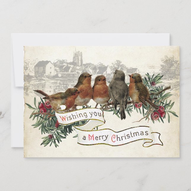 Vintage Robin God Jul By Evergreen Julkort (Framsida)