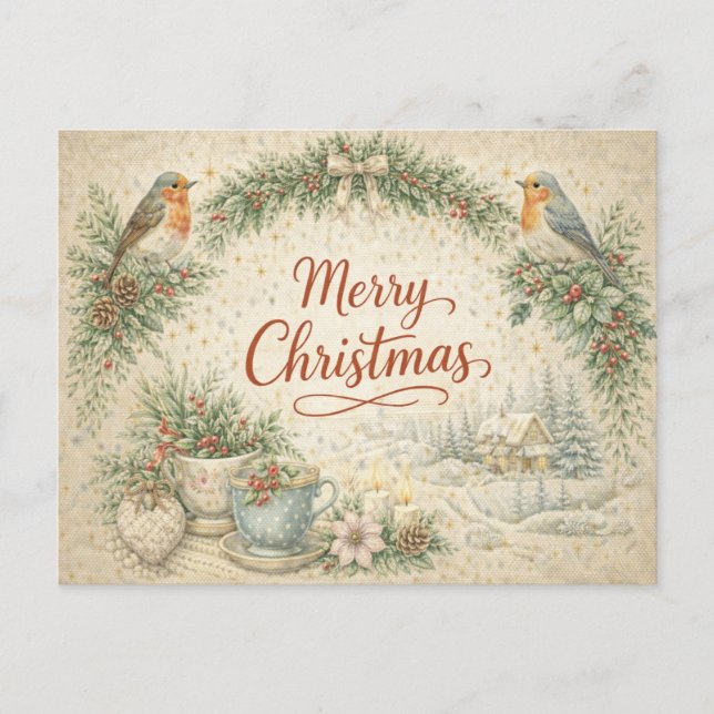 Vintage Robin Wreath Merry Christmas  Helg Vykort (Framsida)
