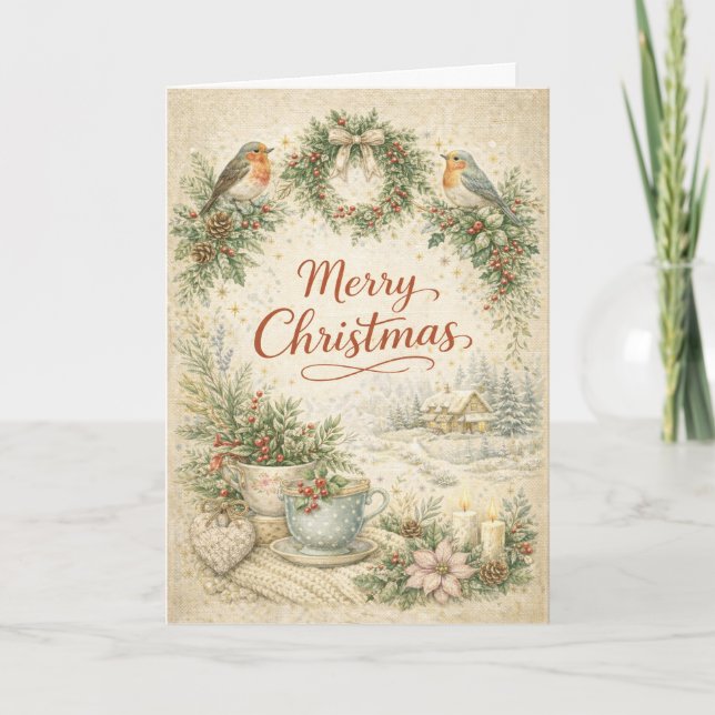Vintage Robin Wreath Merry Christmas  Helgkort (Framsida)
