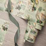 Vintage Robins och julhälsningar Presentpapper<br><div class="desc">Nostalgiskt och elegant,  sömlös design med rödbraserade robiner på holly grenar med antika scrollsar,  rustiska vinterscener och julhälsningar i gammalt engelskt skript på spage grönt bakgrund med subtle damask overlay mönster.</div>
