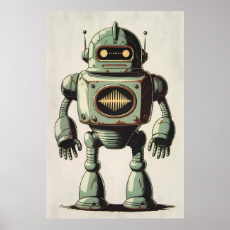 Vintage Robot Illustration - Retro Sci-Fi-teckning Poster