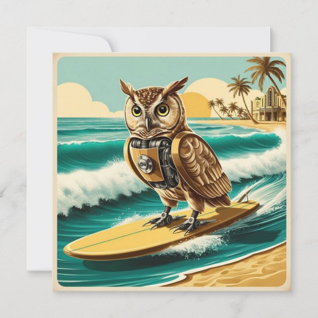 Vintage robot uggla surfande på stranden (Framsida)