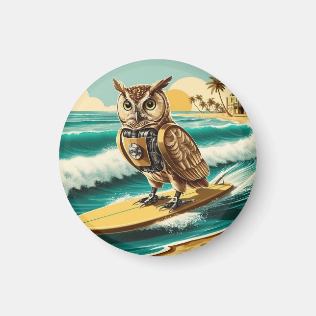 Vintage robot uggla surfande på stranden magnet (Framsidan)