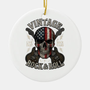 Vintage Rock Skalle Amerikansk Flagga Gitarr Retro Julgransprydnad Keramik