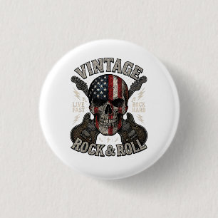 Vintage Rock Skalle Amerikansk Flagga Gitarr Retro Knapp