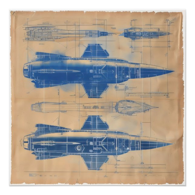 Vintage Rocket Blueprint Fototryck (Framsidan)