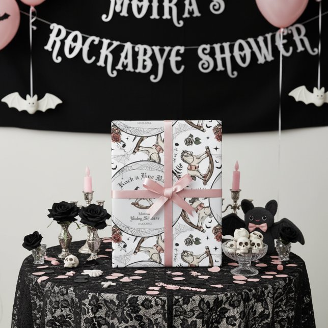Vintage Rocking Horse Gothic Baby Shower Presentpapper (Cute Gothic Girl Baby Shower Wrapping Paper for Halloween. Pink Vintage Rocking Horse & Rose Pattern)