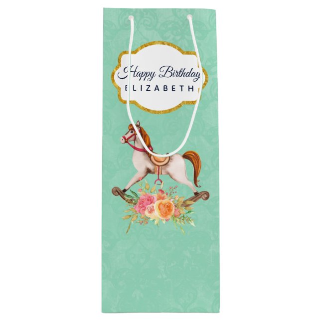 Vintage Rocking Horse med Blommigt Bouquet Birthda (Framsidan)