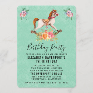 Vintage Rocking Horse med Blommigt Bouquet Birthda Inbjudningar