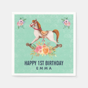 Vintage Rocking Horse med Blommigt Bouquet Birthda Pappersservett