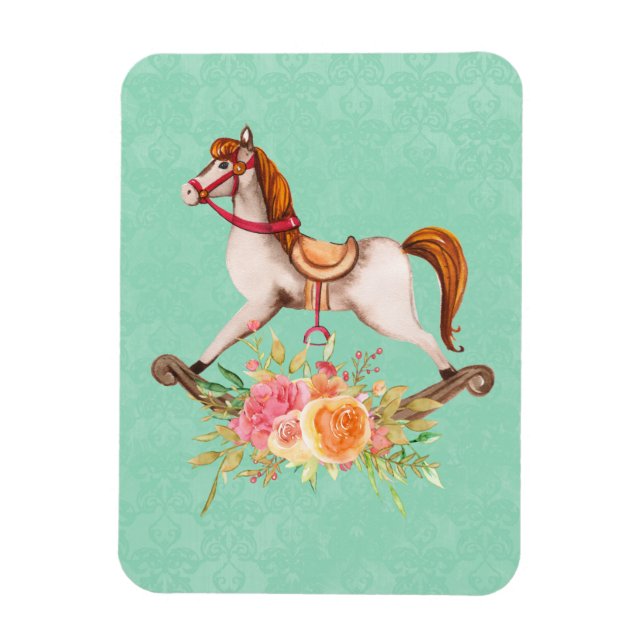 Vintage Rocking Horse med Blommigt Bouquet Magnet (Vertikal)