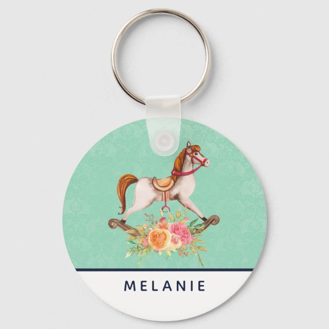Vintage Rocking Horse med Blommigt Bouquet Nyckelring (Framsida)