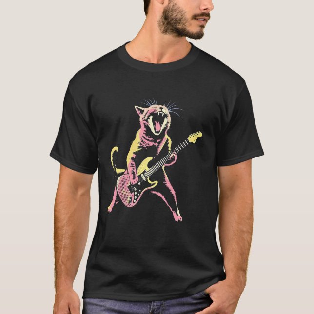 Vintage Rockstjärna Katt Spelar Gitarr T Shirt (Framsida)