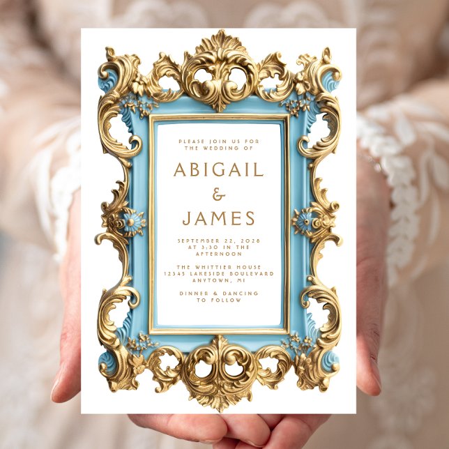 Vintage Rococo Blue Gold Frame Wedding Invitation Inbjudningar (Skapare uppladdad)