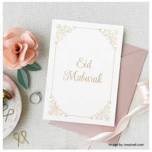 Vintage Rococo Ram White Guld-skript Eid Mubarak Julkort
